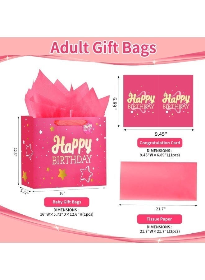 JOSQUEWNN Pink Happy Birthday Gift Bag with Tissue Paper and Greeting Card for Party,Happy Birthday Gift Bag for Men Women,Gift Bags Medium size(1 PCS 33*12*26cm Pink Hot Stamping) - Image 3